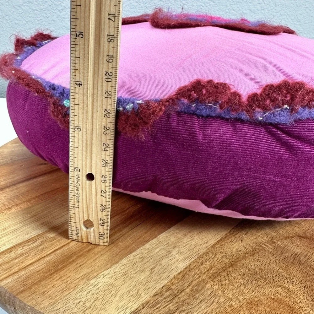 2007 Y2K Seventeen Magazine Pink Round Pillow Crochet Flower Sequin Corduroy